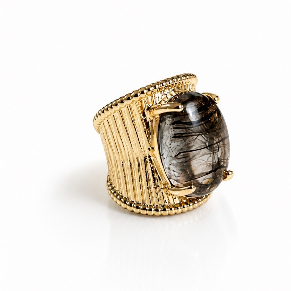 Gold Wide Band Ring with Smoky Gray Cabochon